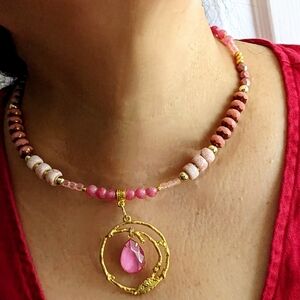 Pink Jade & Glass with Swarovski Ornate Pendant In Pink Necklace or Choker